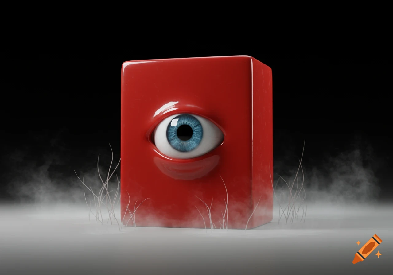 A red block with a single blue eye in a misty, dark environment with white wispy grass, rendered in 3D.