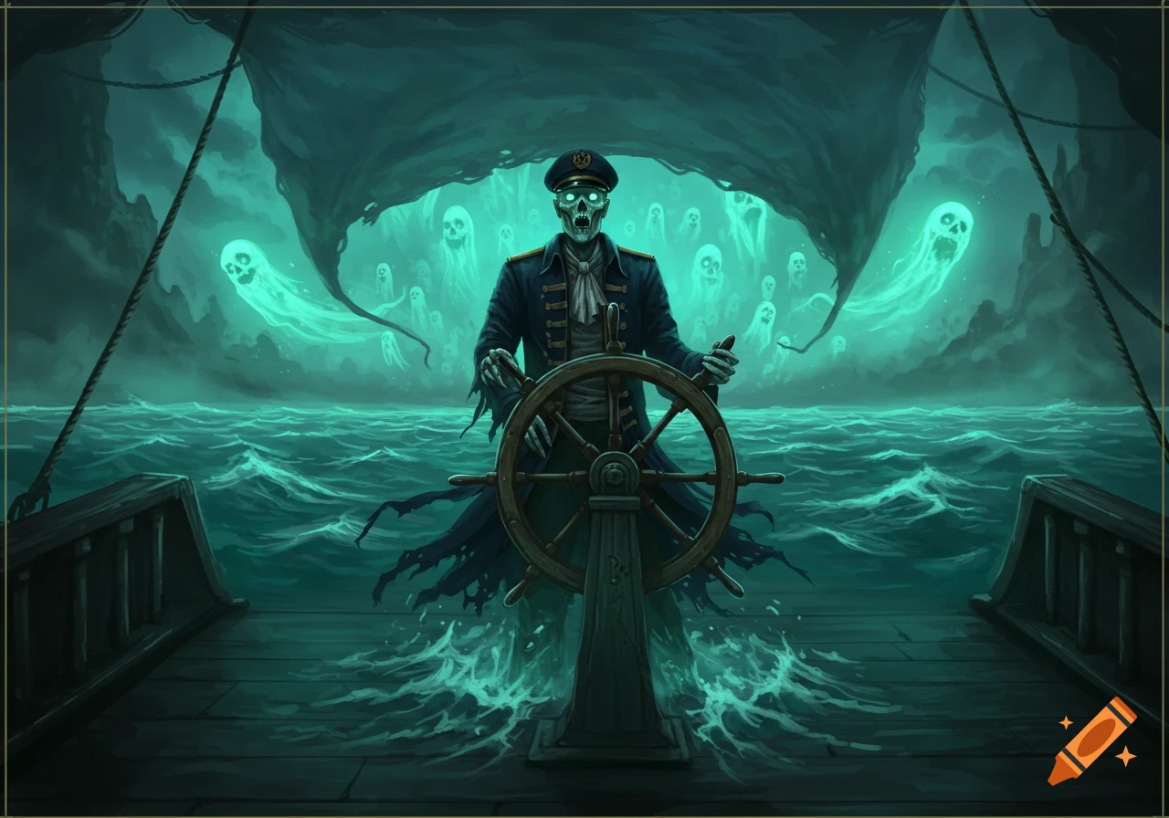 A skeletal captain in a tattered coat steers a ship's wheel on a stormy sea, surrounded by glowing green ghosts, in a dark fantasy art style.