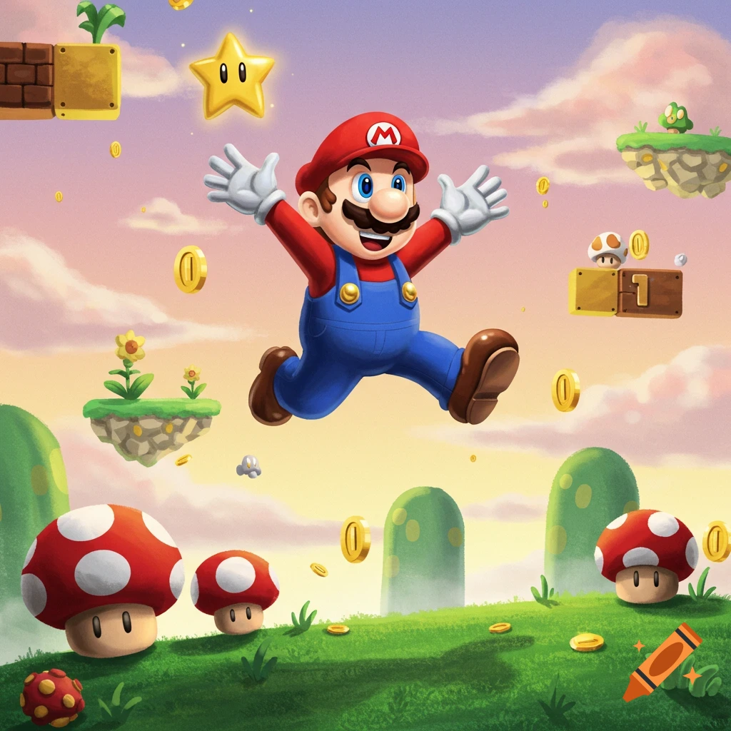 Cartoon illustration of Mario jumping joyfully in a vibrant landscape with floating islands, red mushrooms, and golden coins under a pastel sky.