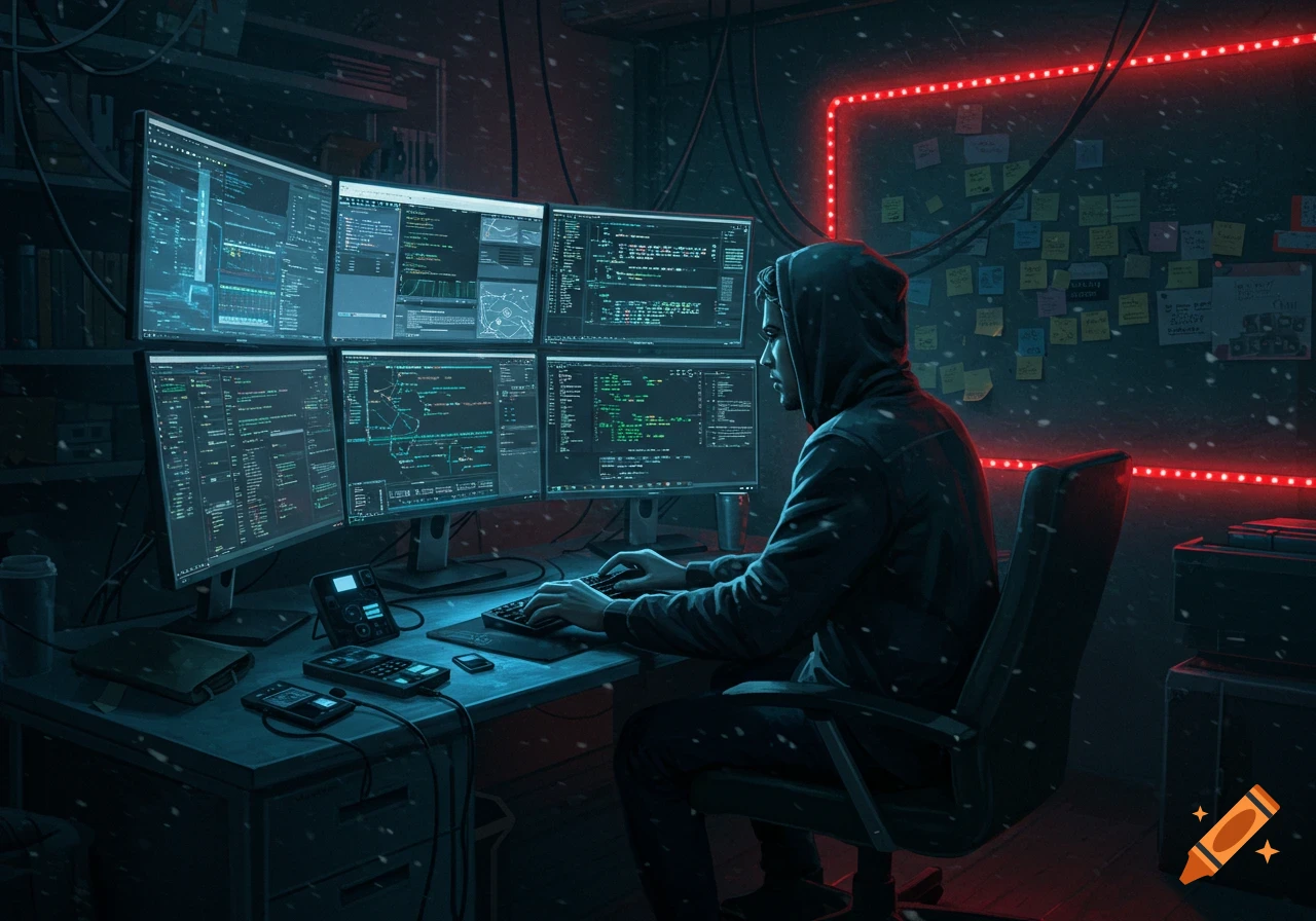 A hooded figure sits in a dimly lit room, typing at a desk with six computer monitors displaying glowing blue code and network diagrams. Red neon lights illuminate a wall covered in sticky notes.