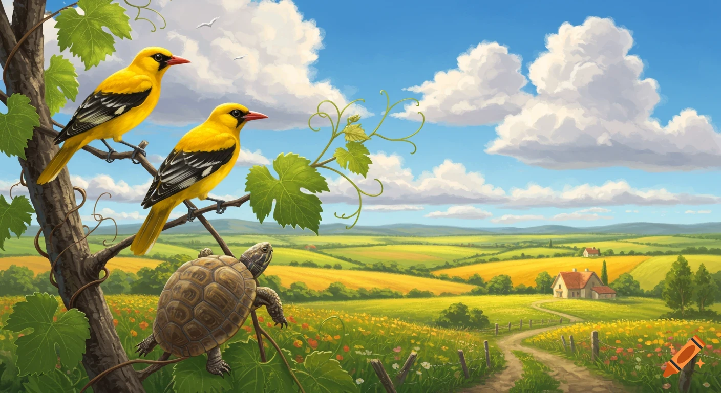 Two yellow orioles and a turtle on a grapevine in a vibrant landscape with fields, a house, and blue sky. Illustrated.