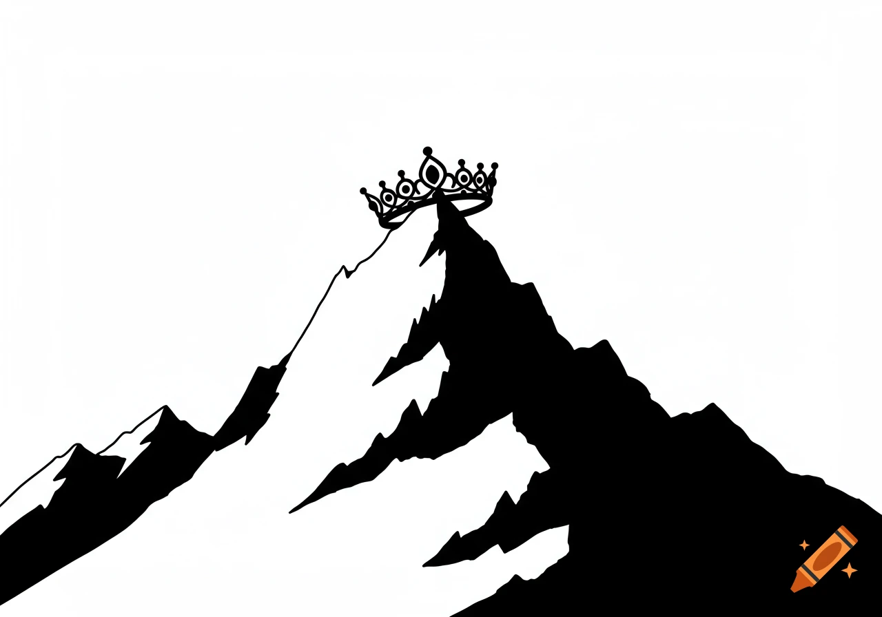 A minimalist black and white illustration depicts a jagged mountain peak crowned with a royal tiara.