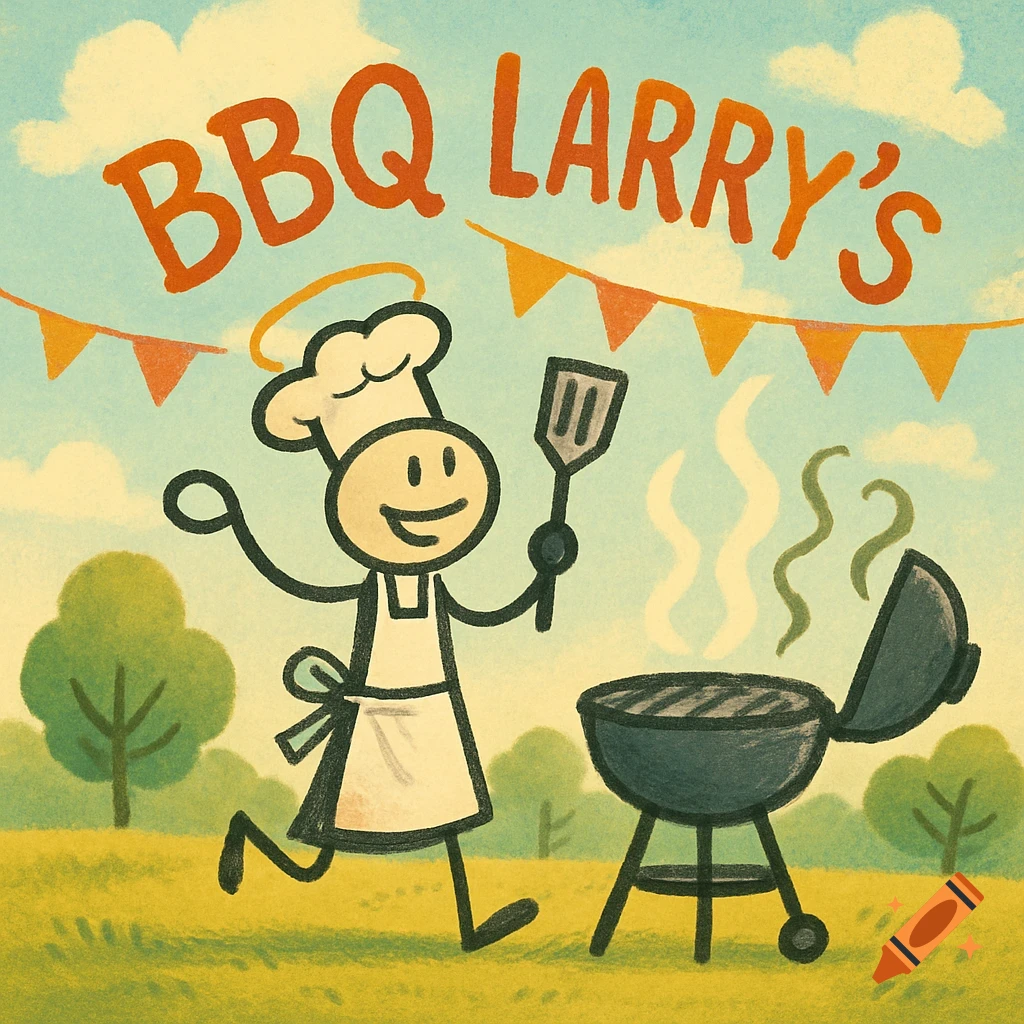 A cartoon stick figure chef with a halo and apron holds a spatula next to a smoking grill under a banner reading "BBQ LARRY'S" outdoors.
