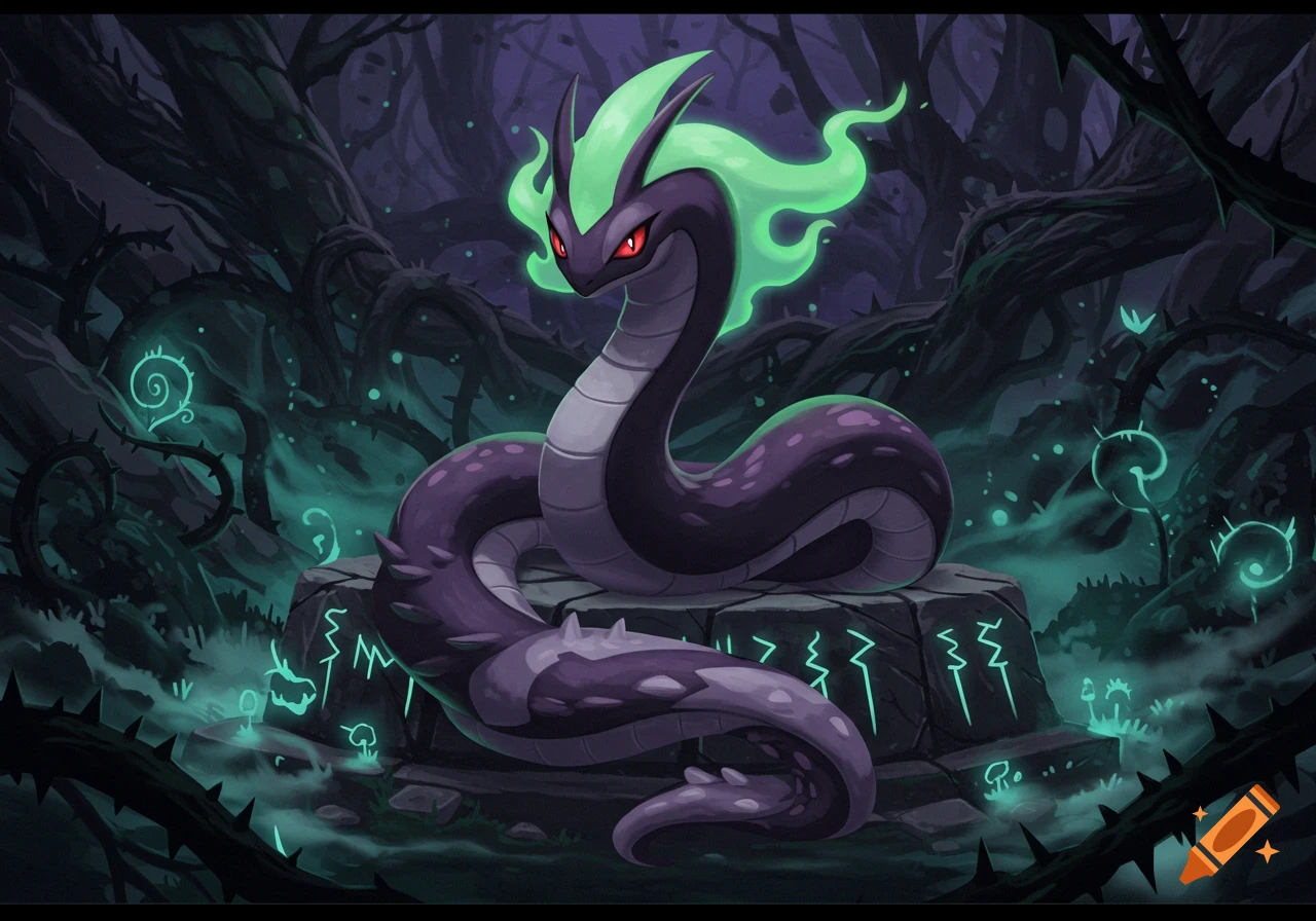A dark purple serpent creature with glowing green flames and red eyes sits on a runic stone in a mystical, thorny forest.