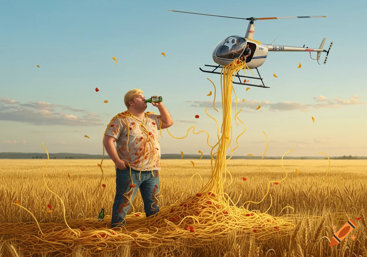 A large blonde man in a white shirt and jeans drinks beer in a wheat field, covered in spaghetti and sauce. A helicopter above spews more pasta onto him.
