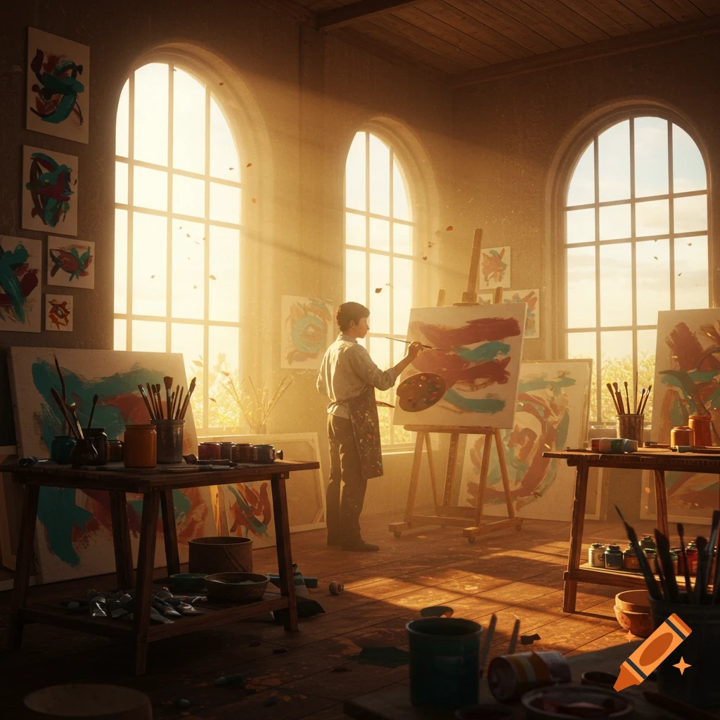 A sunlit artist's studio with a painter at an easel, surrounded by canvases and art supplies.