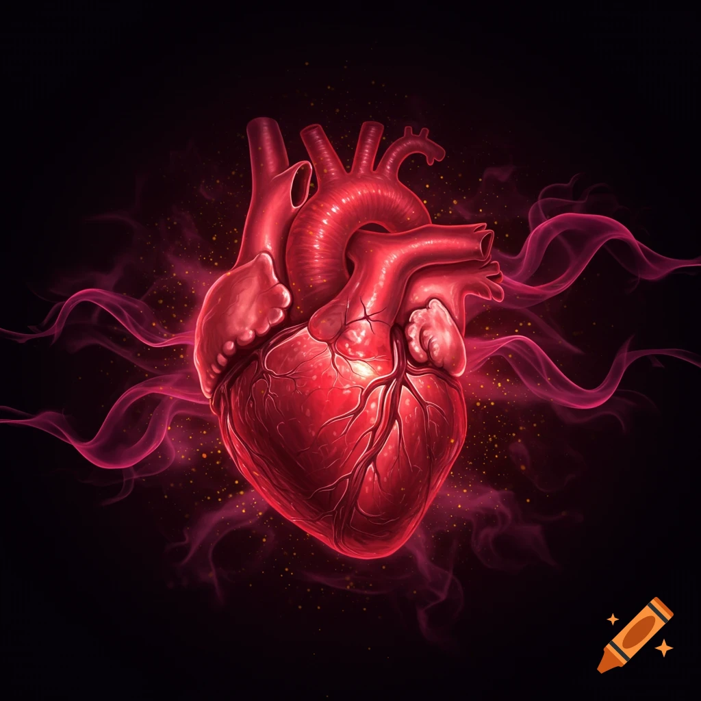 A vibrant red anatomical heart illustration with swirling pink smoke and golden particles on a black background.