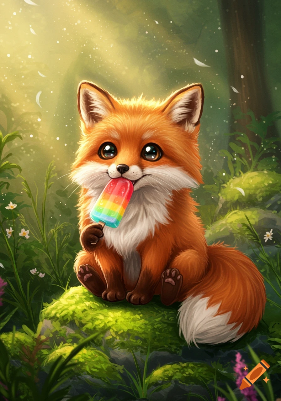 A cute, fluffy orange fox with big eyes sits in a sunny forest, happily eating a rainbow-colored popsicle.