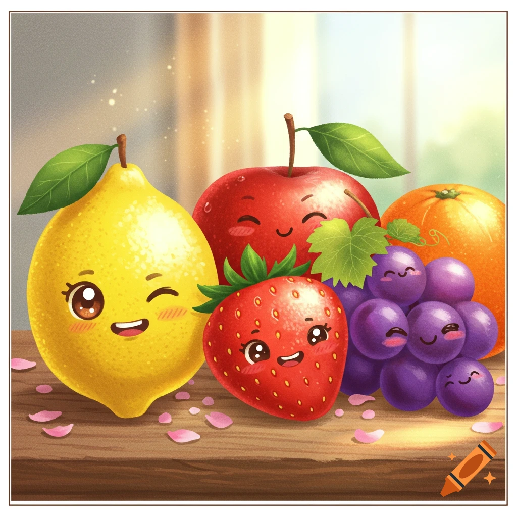 A group of cute, smiling cartoon fruits including a lemon, apple, strawberry, grapes, and orange on a wooden table.