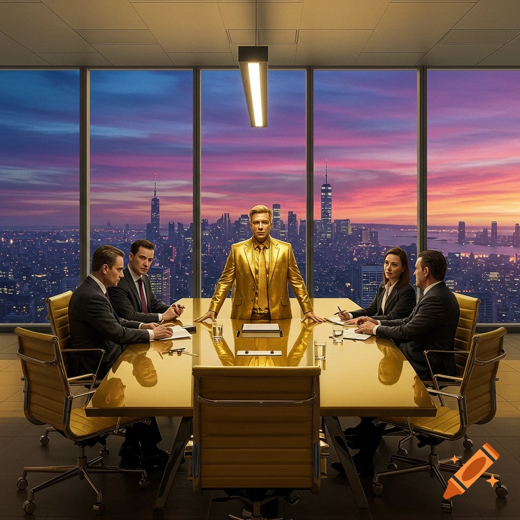 A man in a gold suit stands at the head of a gold conference table, surrounded by executives, overlooking a city skyline at sunset.
