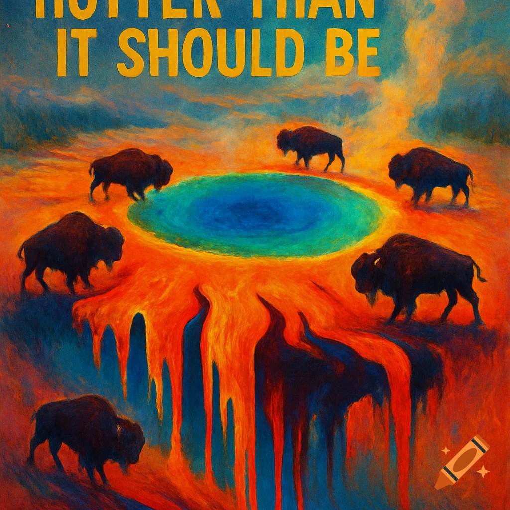 Vibrant illustration of a hot spring with melting colorful layers and bison silhouettes, with text 'HOTTER THAN IT SHOULD BE'.
