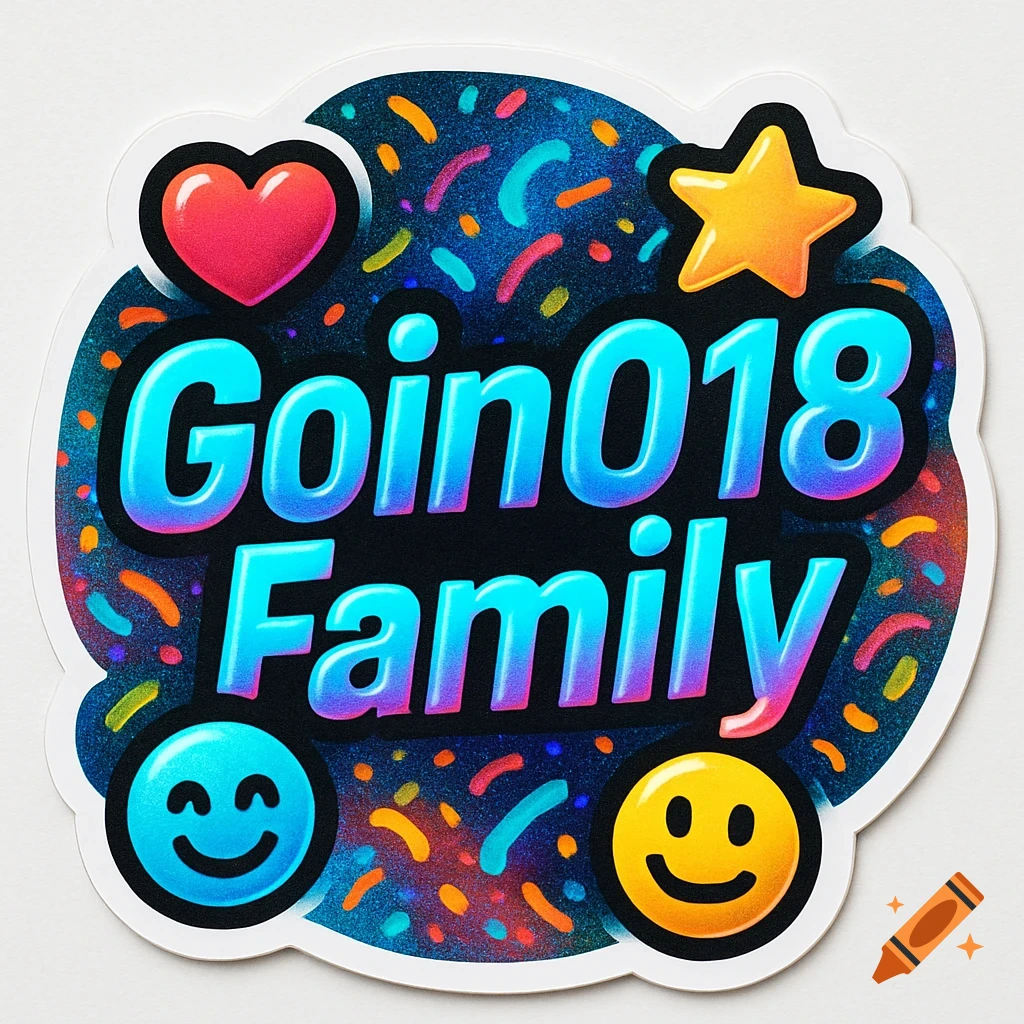 A vibrant sticker with the words "Goin018 Family" in blue and purple, surrounded by colorful sprinkles, a red heart, a yellow star, and two smiling emojis on a dark background.