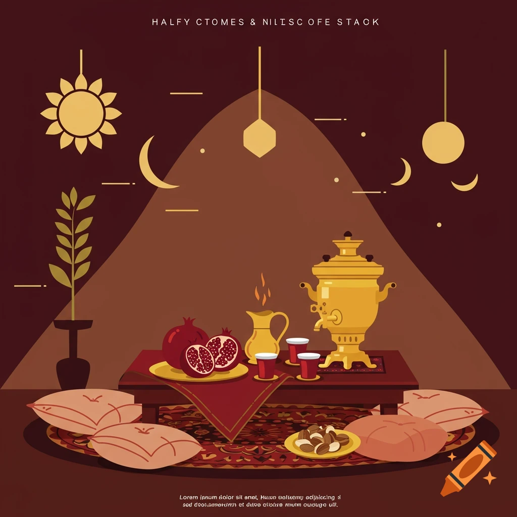 A flat illustration of a traditional indoor setting with a golden samovar on a table, surrounded by pomegranates, a pitcher, and red cups. Cushions are on the floor around a patterned rug. Stylized sun and moon icons hang above, with decorative lines.
