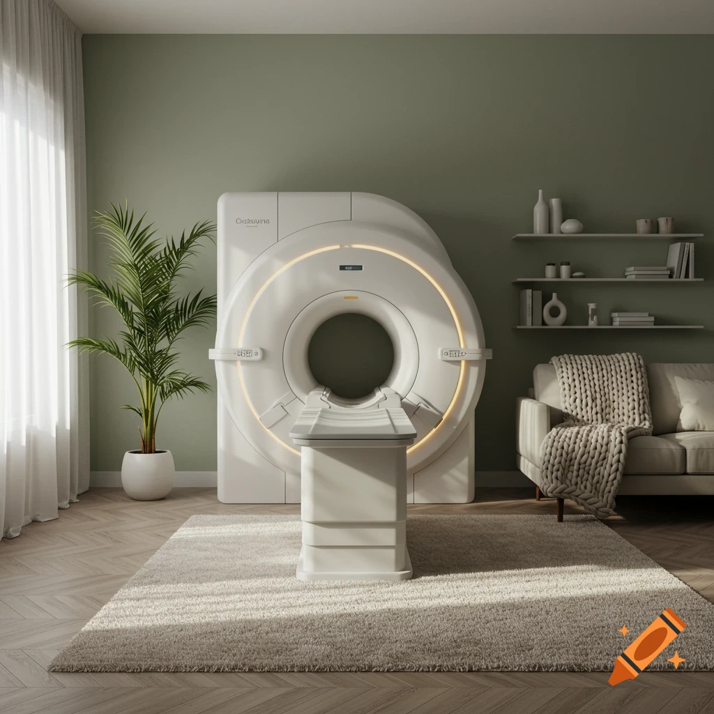 A modern room with an MRI machine, a green plant, a sofa, and shelves, bathed in natural light.
