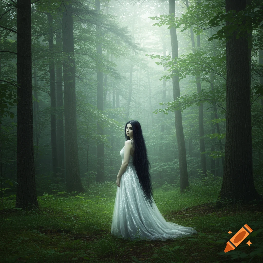 An ethereal woman with long dark hair stands in a misty Appalachian forest.