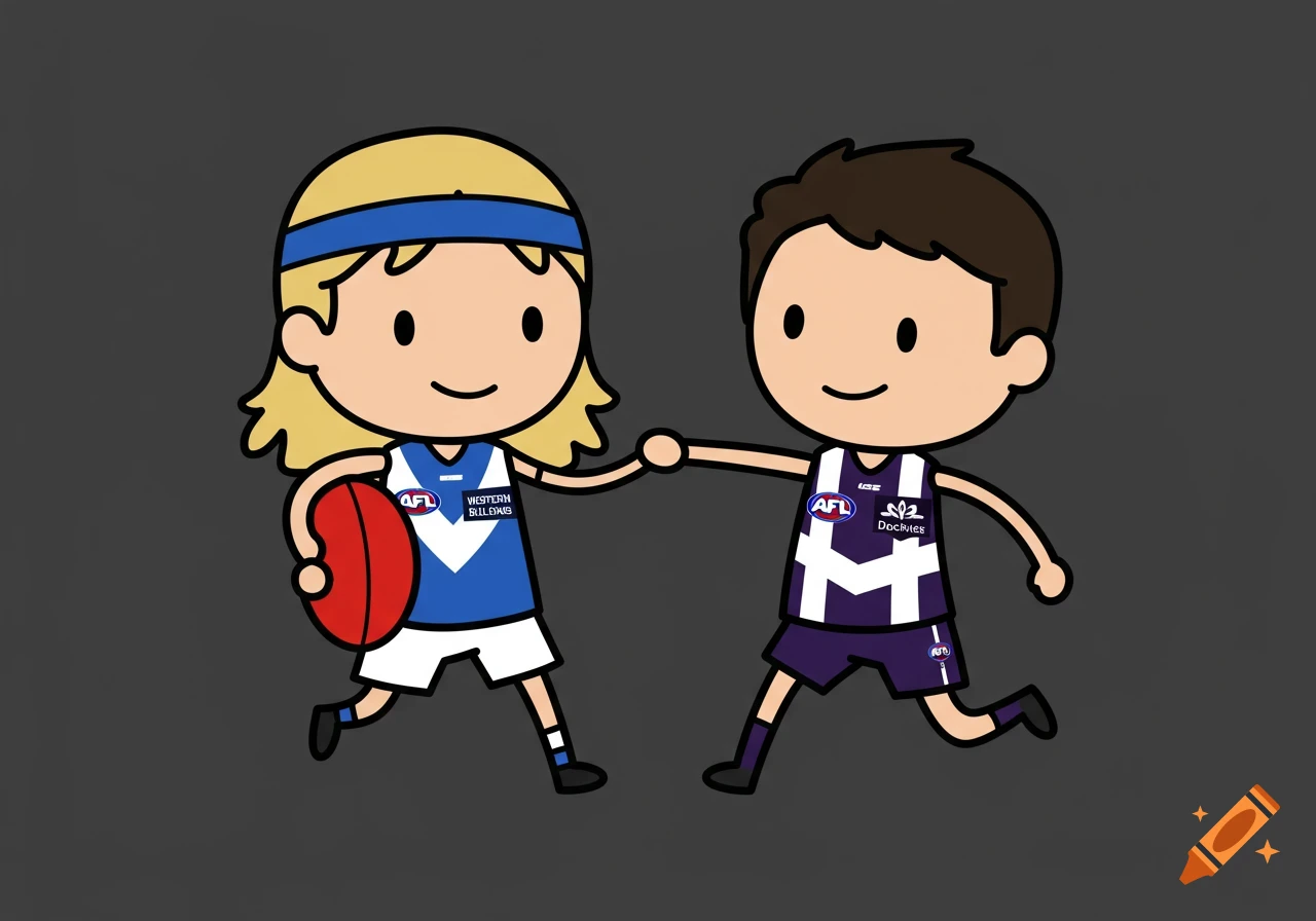 A cartoon illustration of two children, one with blonde hair in a blue headband holding a football, wearing a blue and white Western Bulldogs jersey, and another with brown hair wearing a purple and white Fremantle Dockers jersey, shaking hands.