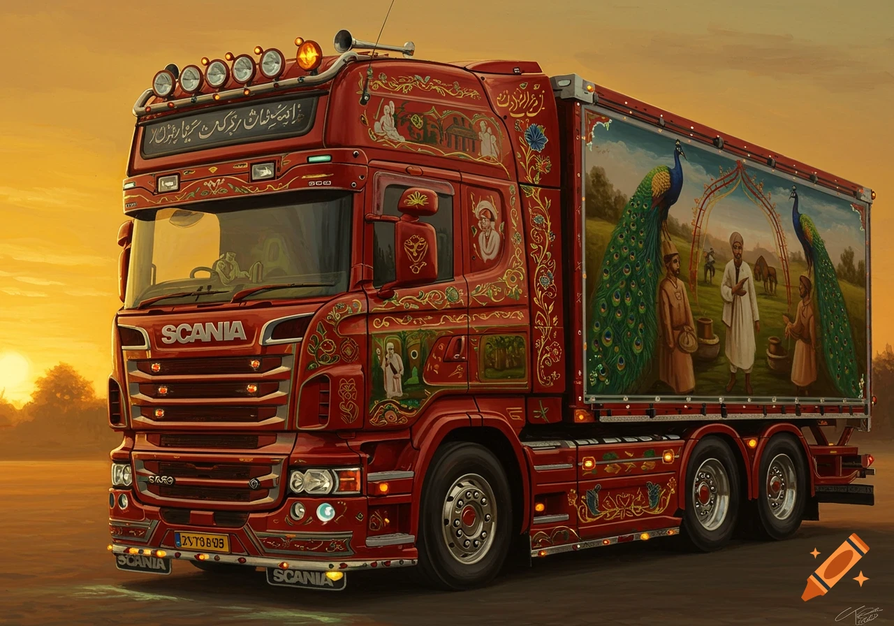 A highly detailed red Scania semi-truck with intricate Pakistani truck art, including peacocks and figures, parked against a sunset background.