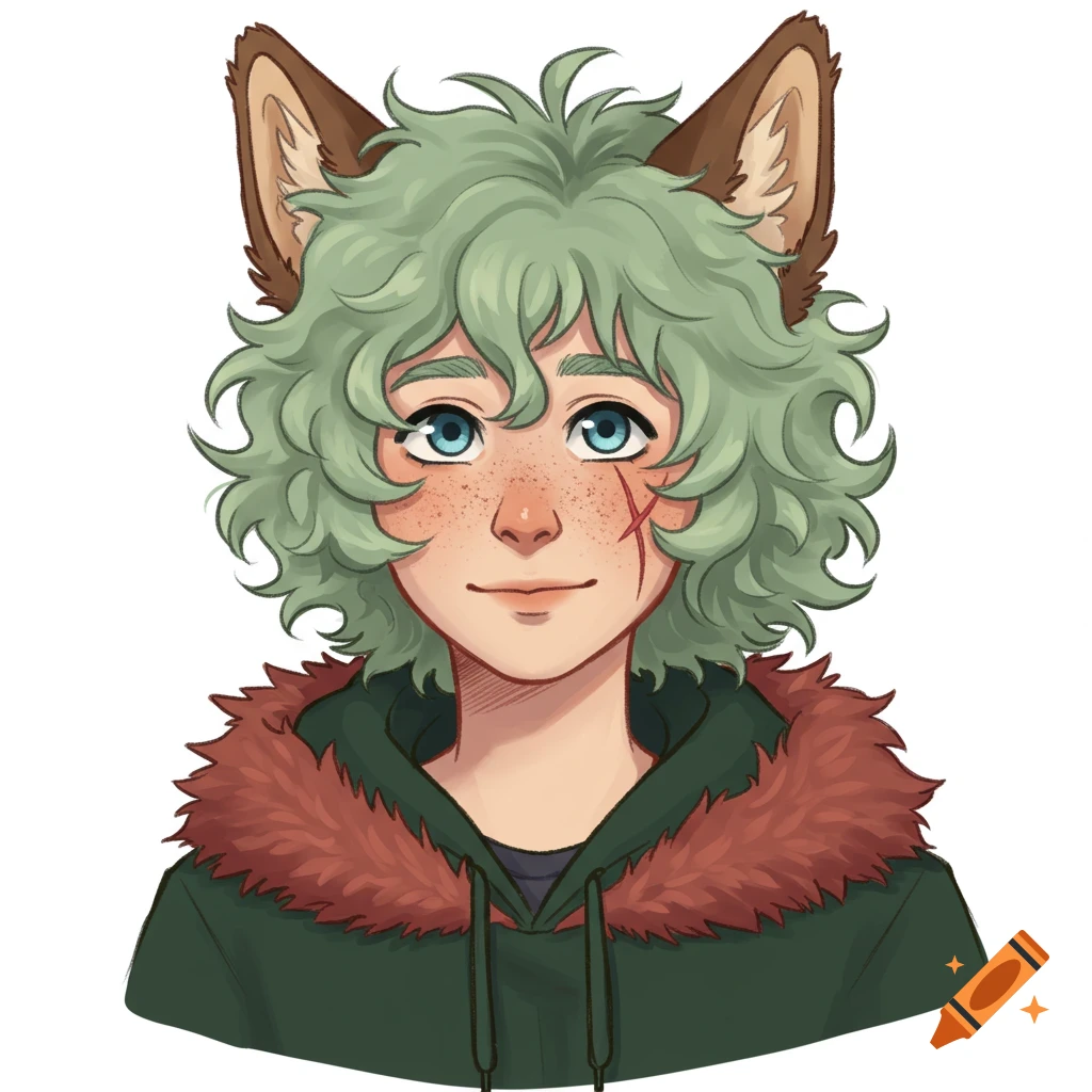 A cartoon portrait of a person with light green curly hair and animal ears, blue eyes, freckles, and a scar, wearing a green hoodie with a fur-lined collar.