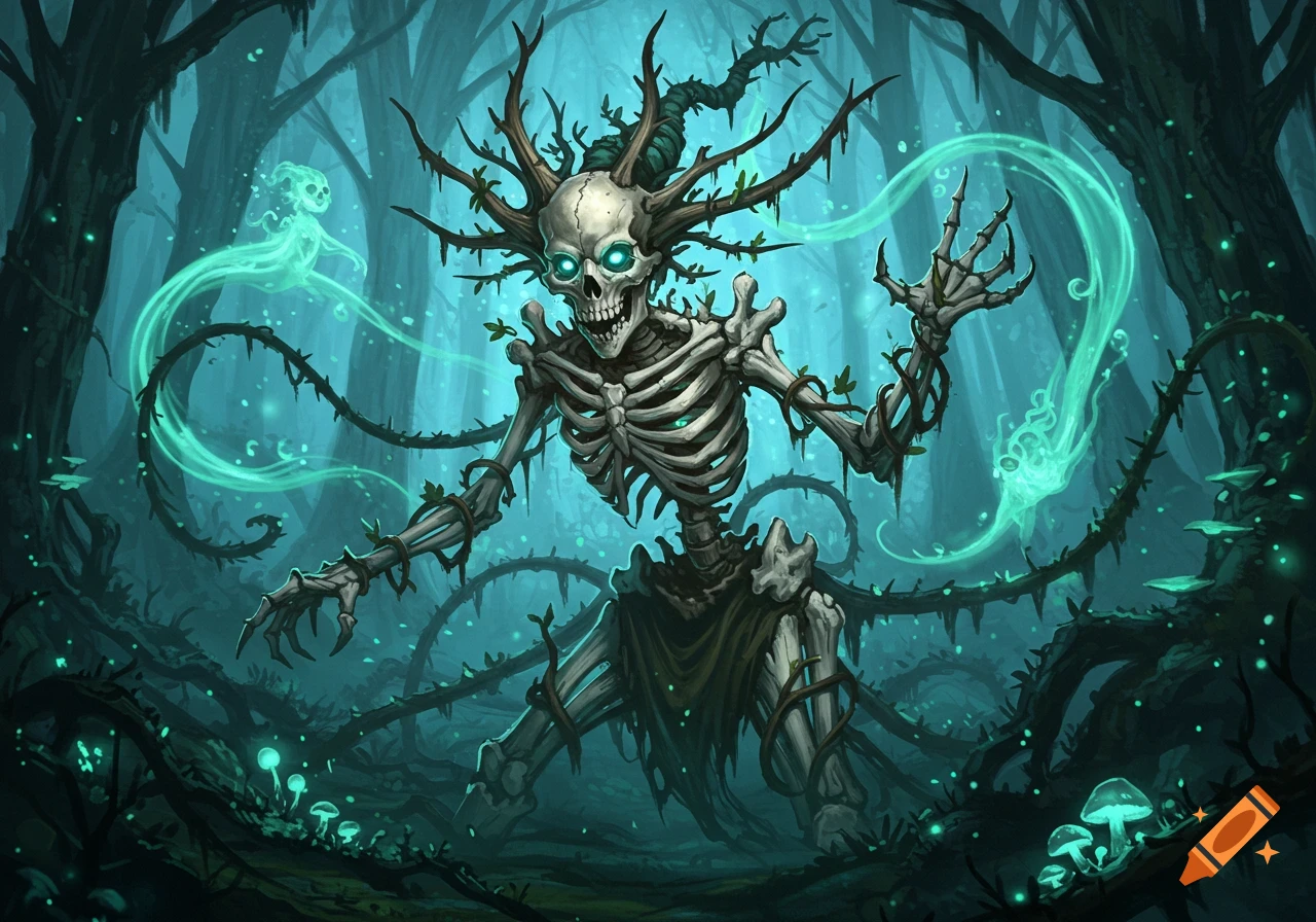 A skeletal creature with glowing eyes and thorny vines stands in a mystical, dark forest with glowing mushrooms and ethereal wisps.