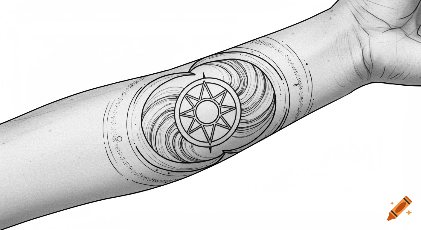 A black and white forearm tattoo featuring an abstract eight-pointed star encircled by swirling lines and dotwork.