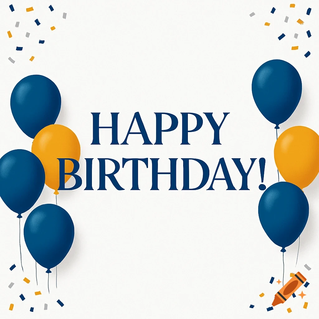 A festive Happy Birthday design with blue and marigold balloons and confetti on a white background.