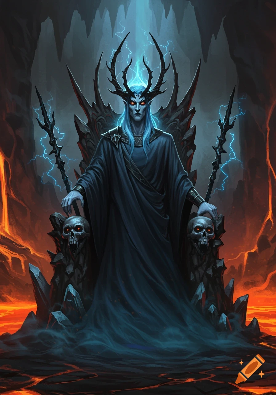 A dark fantasy illustration of Hades, a god with blue hair and red eyes, sitting on a skull throne amidst lava.
