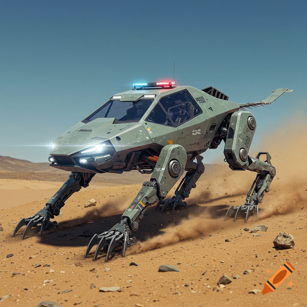 A futuristic, grey, coyote-like robotic vehicle with glowing headlights and police lights drives through a dusty desert landscape, kicking up sand.