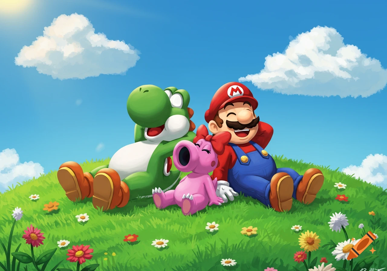 Yoshi, Birdo, and Mario relax on a green hill with flowers under a blue sky, in a colorful illustration.