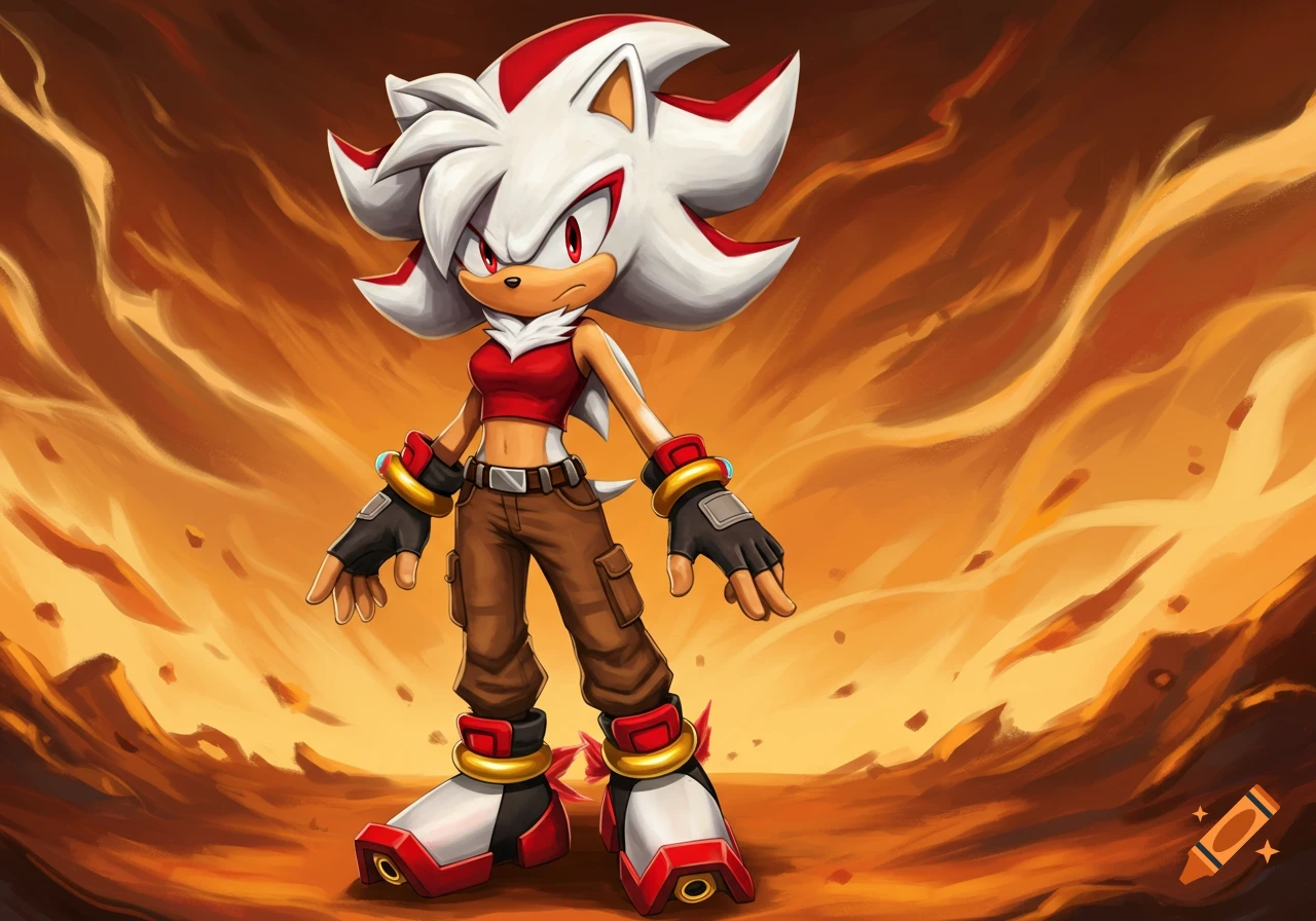 An anthropomorphic white hedgehog with red markings, wearing a red crop top and brown pants, stands in a fiery landscape.