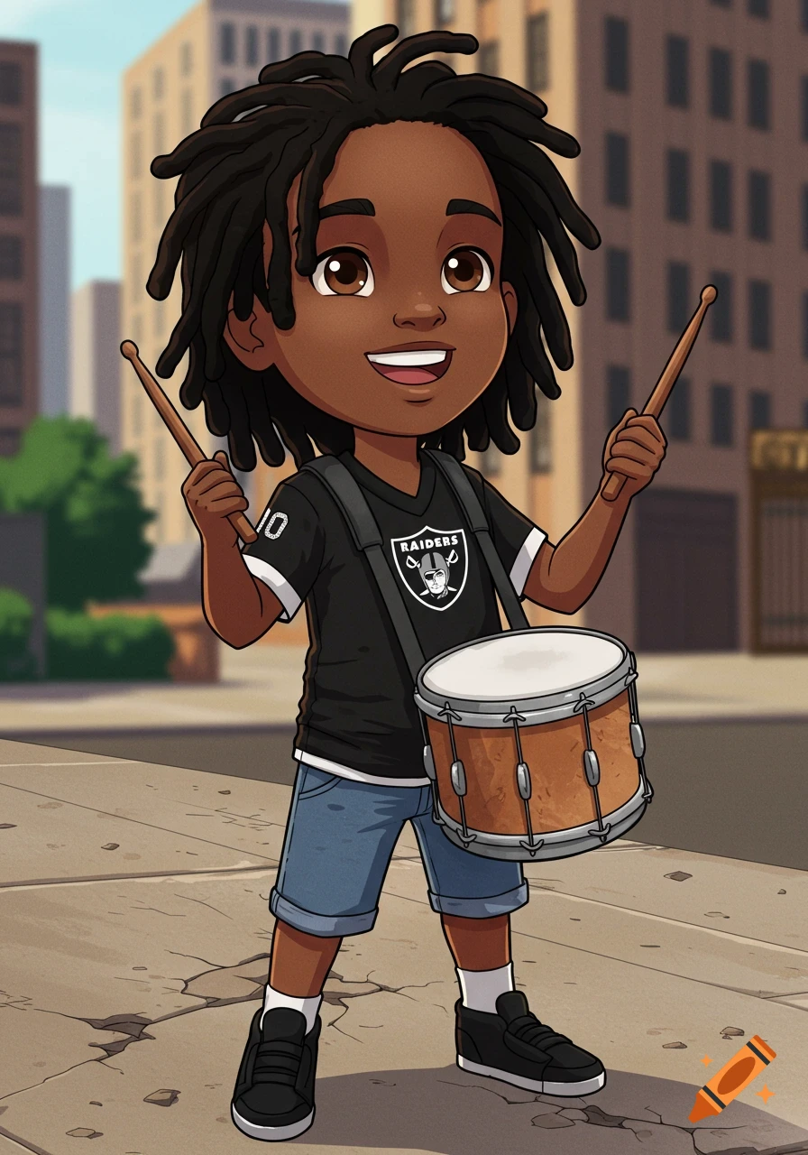 A cartoon of a dark-skinned boy with dreadlocks wearing a black Raiders t-shirt and denim shorts, holding drumsticks and a drum.