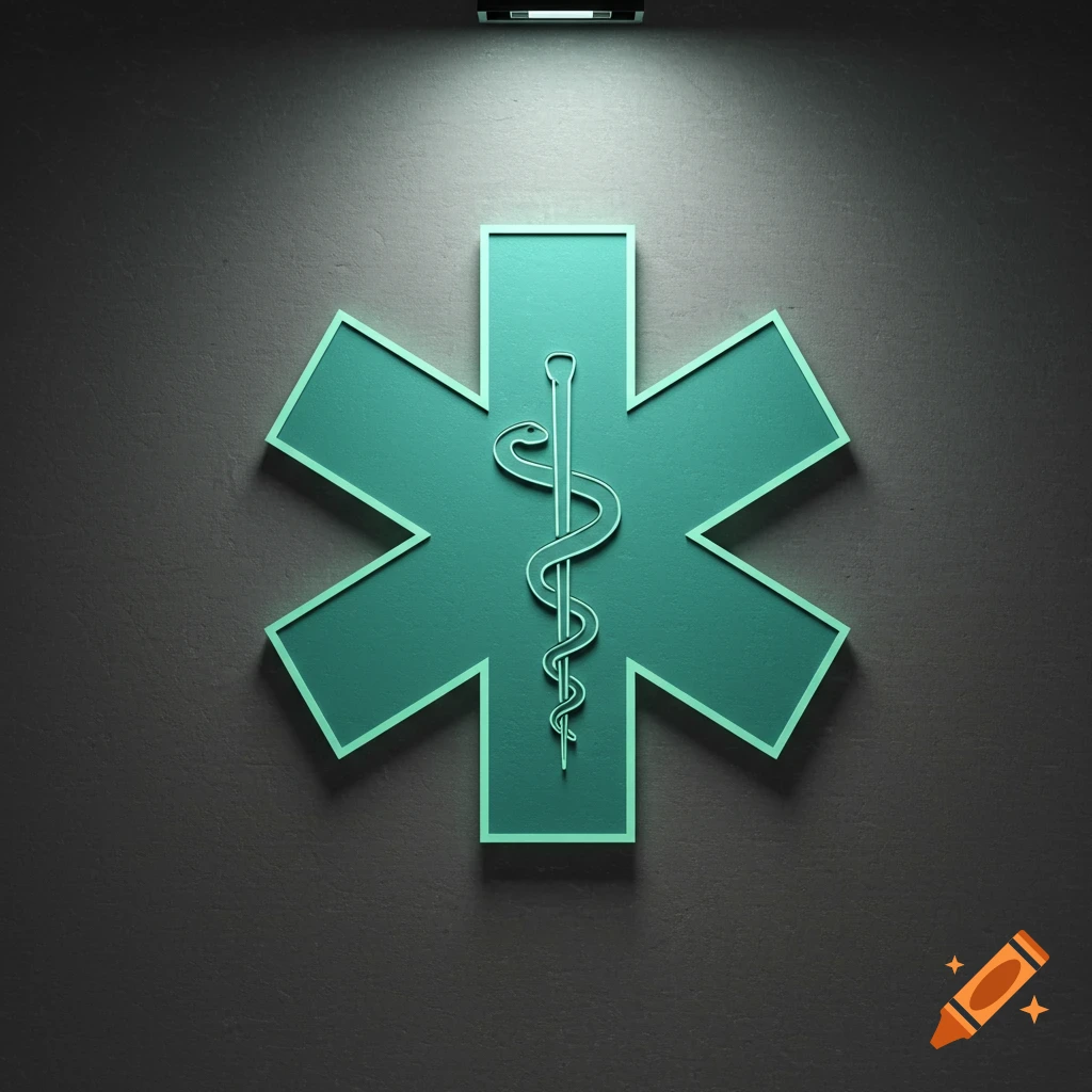 A pale teal Star of Life symbol on a dark, textured wall, illuminated by a spotlight from above.