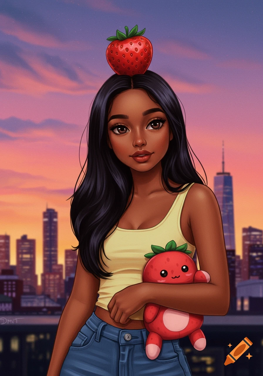 A cartoon girl with dark skin and long black hair wears a strawberry on her head and holds a plushie, with a city sunset background.