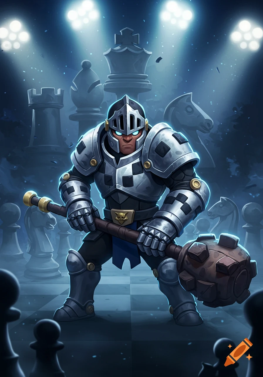 Stylized knight character in armor with a mace standing on a chessboard, large chess pieces and spotlights in the background.