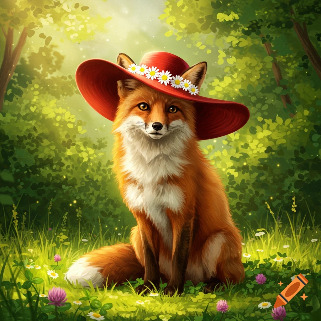 A cute fox wearing a red hat with white daisies, sitting in a sunny green forest with flowers.