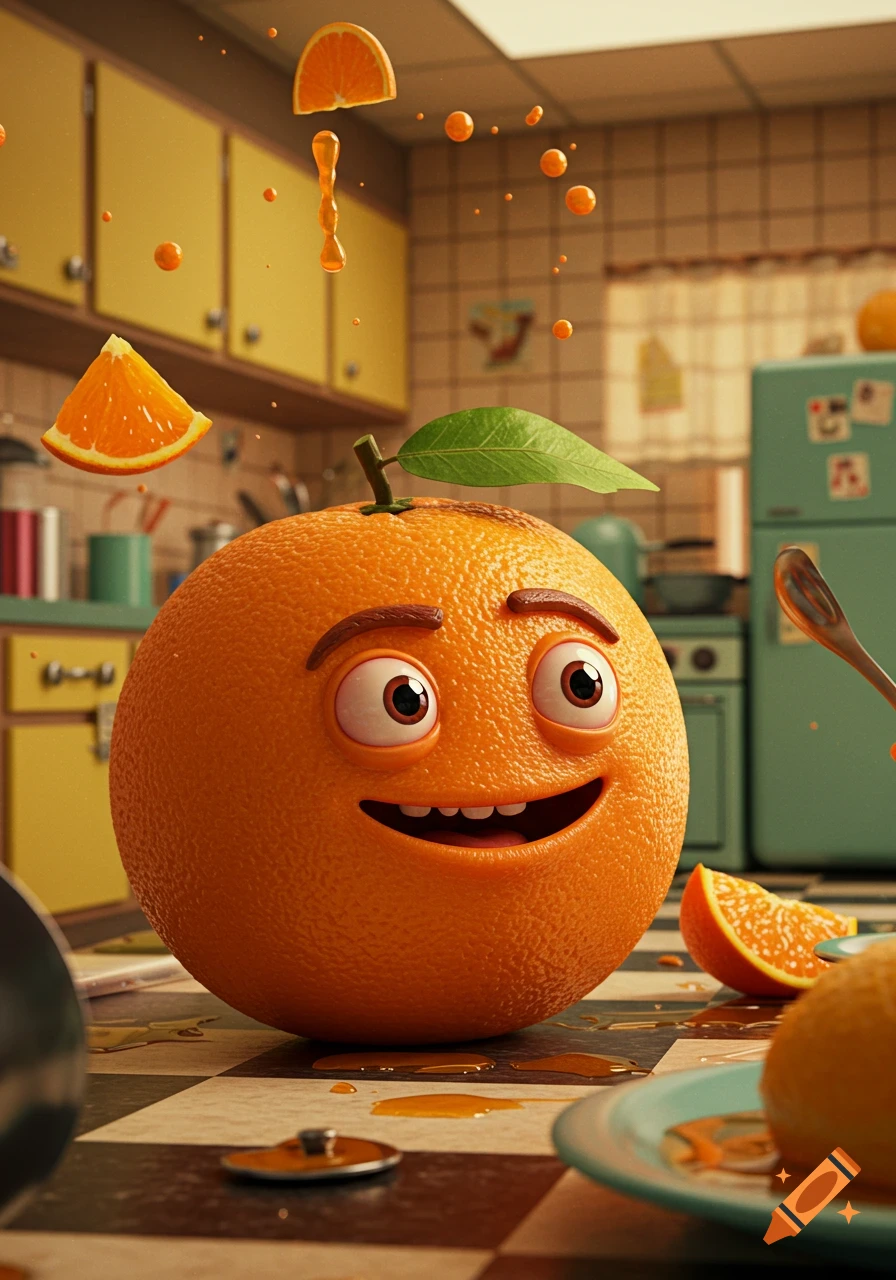 A 3D animated anthropomorphic orange with a happy face in a kitchen, surrounded by orange slices and juice splashes.