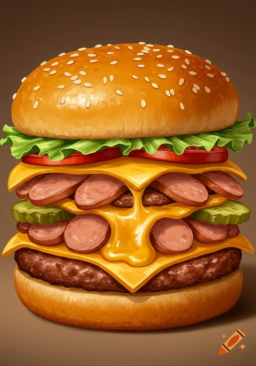An illustrative close-up of a towering hamburger with hotdog slice patties, melted cheese, lettuce, tomato, and pickles.