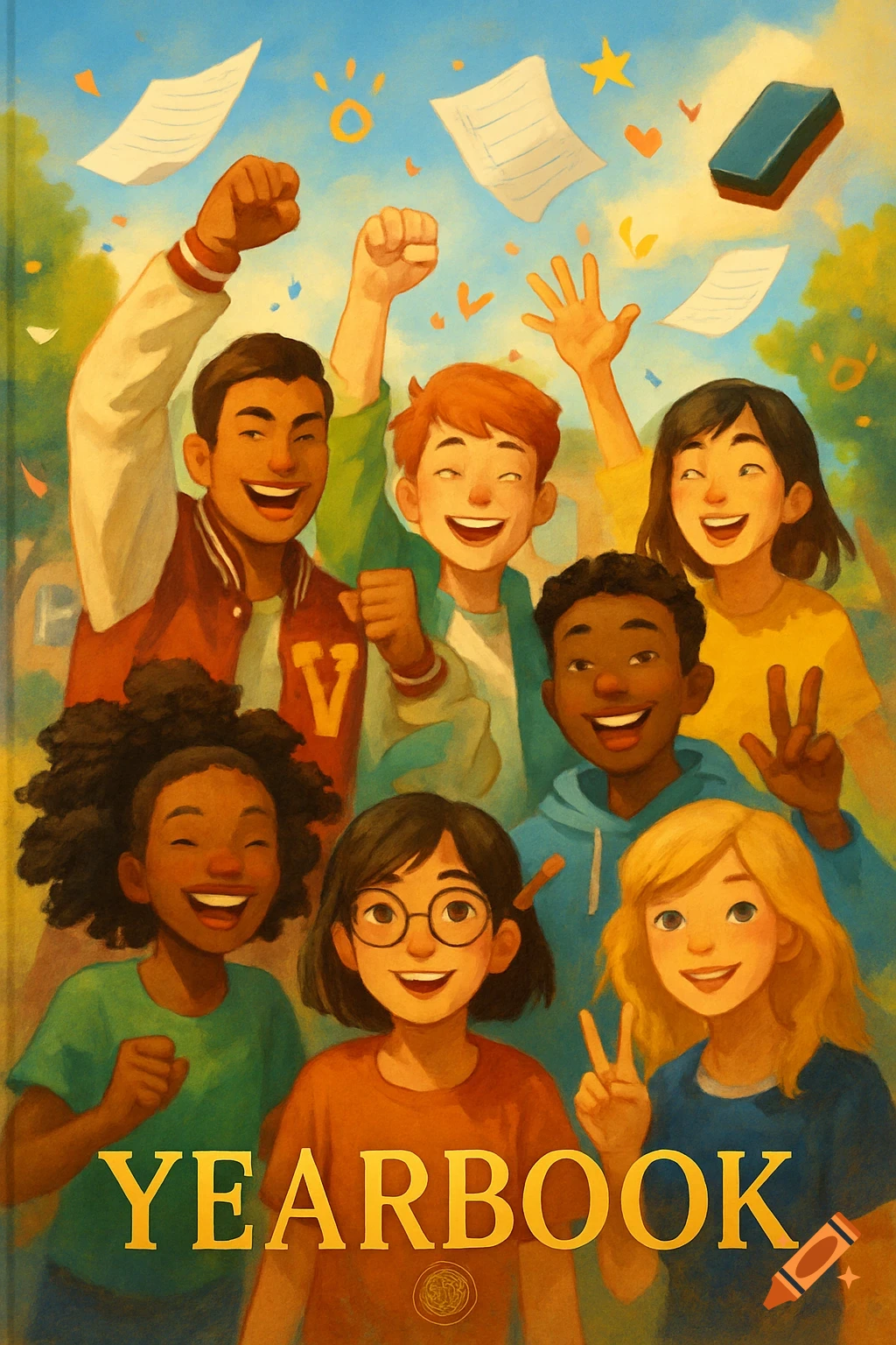 A group of diverse, smiling students celebrate, with paper and confetti in the air. Text at the bottom reads "YEARBOOK". Illustrated style.