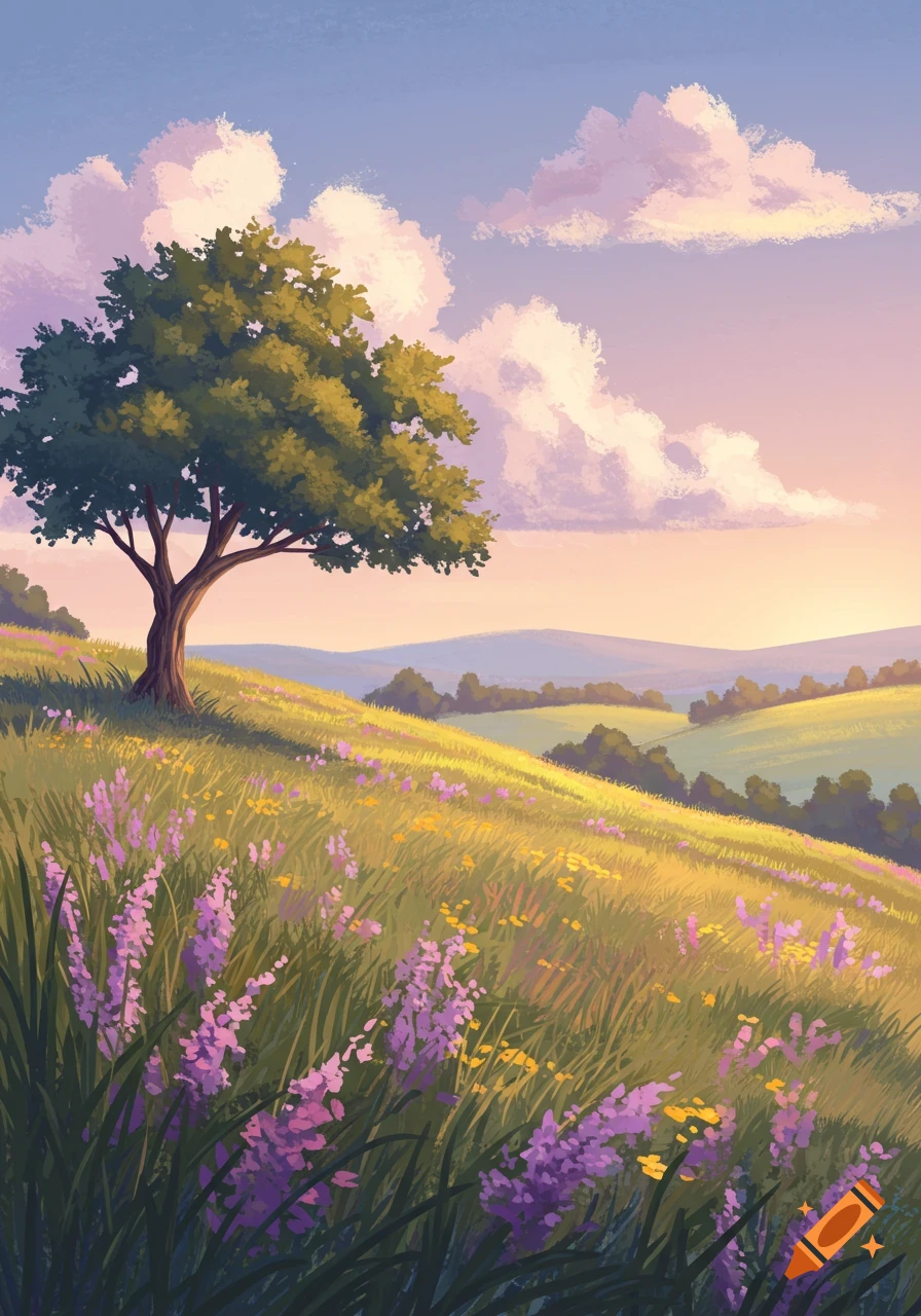Painterly landscape with a large tree on a wildflower-covered hill under a colorful sunset sky with clouds.