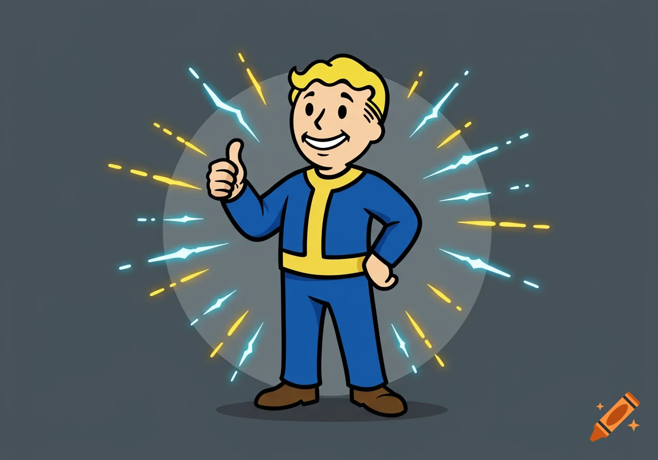 Vault Boy, a cartoon character in a blue and yellow jumpsuit, gives a thumbs up surrounded by a glowing blue and yellow aura.