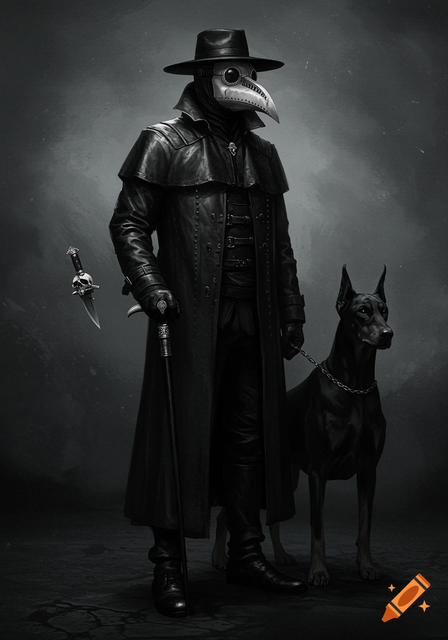A dark, monochromatic image of a plague doctor in a long coat and hat, holding a cane, with a Doberman at their side. A floating dagger is to their left.
