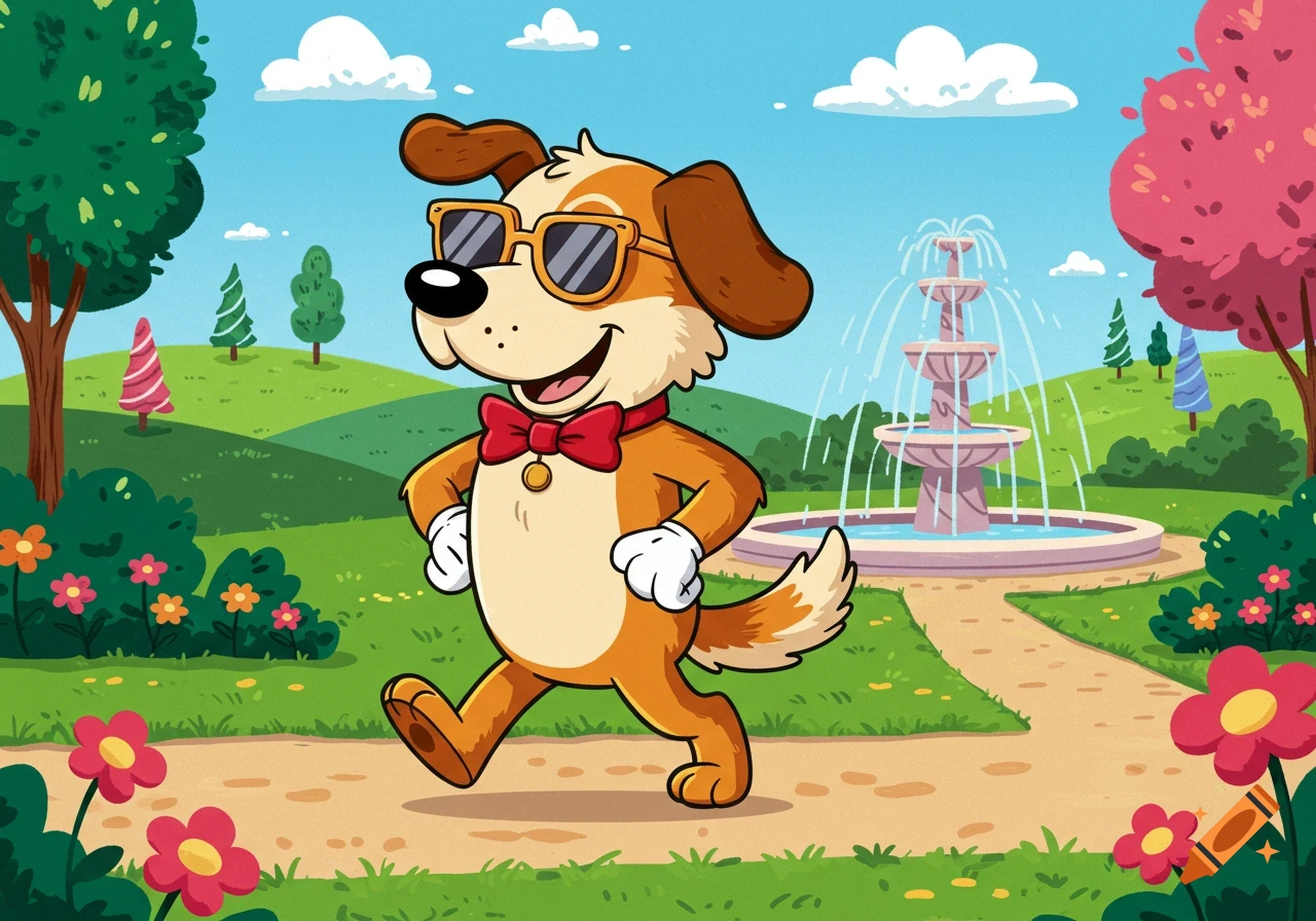 A happy cartoon dog wearing sunglasses and a red bow tie walks on a path in a park with a fountain and flowers.