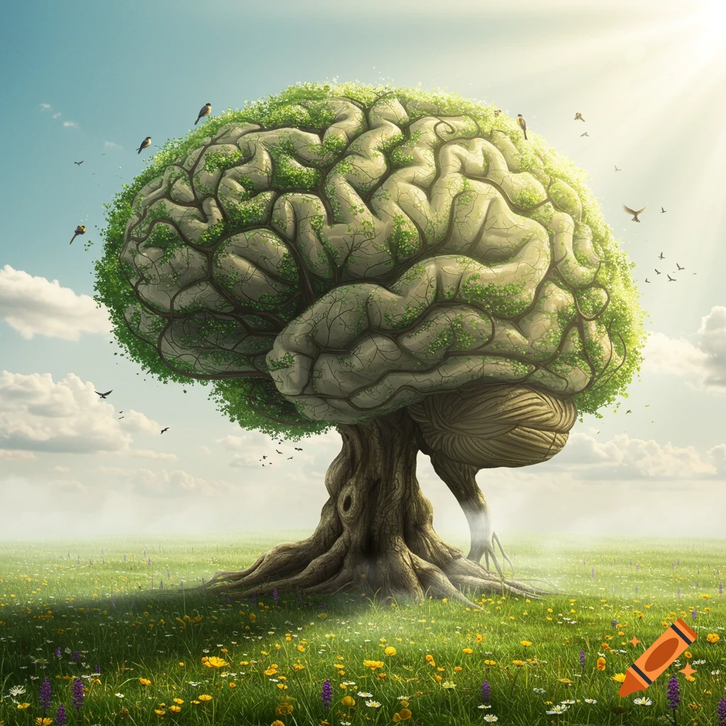 A tree with a brain-shaped canopy stands in a vibrant green field under a bright sky with birds flying around it.