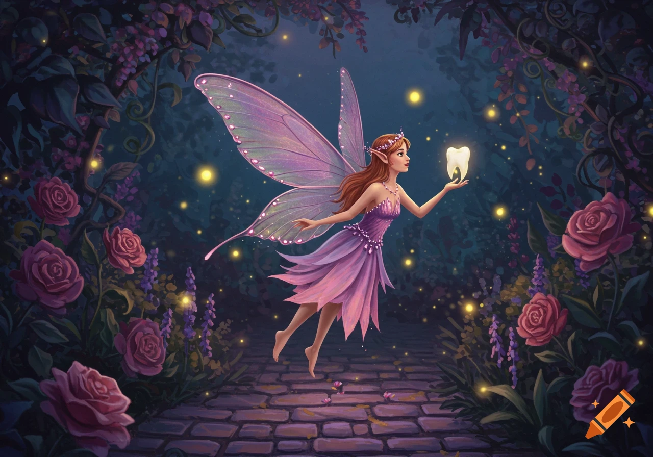 A whimsical tooth fairy with pink wings and a purple dress flies in an enchanted forest, holding a glowing tooth.