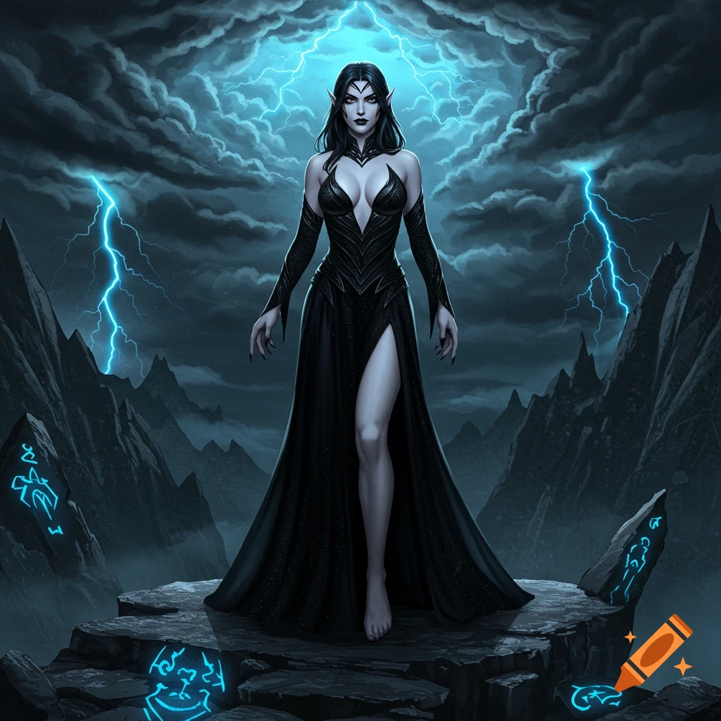 A dark fantasy villainess with long black hair, in a black dress with a high slit, stands on a rocky outcrop under a stormy, lightning-filled sky.