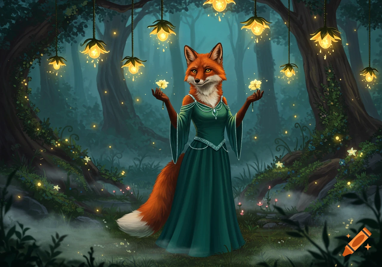 An anthropomorphic fox in a green dress stands in a magical forest, holding glowing flowers.