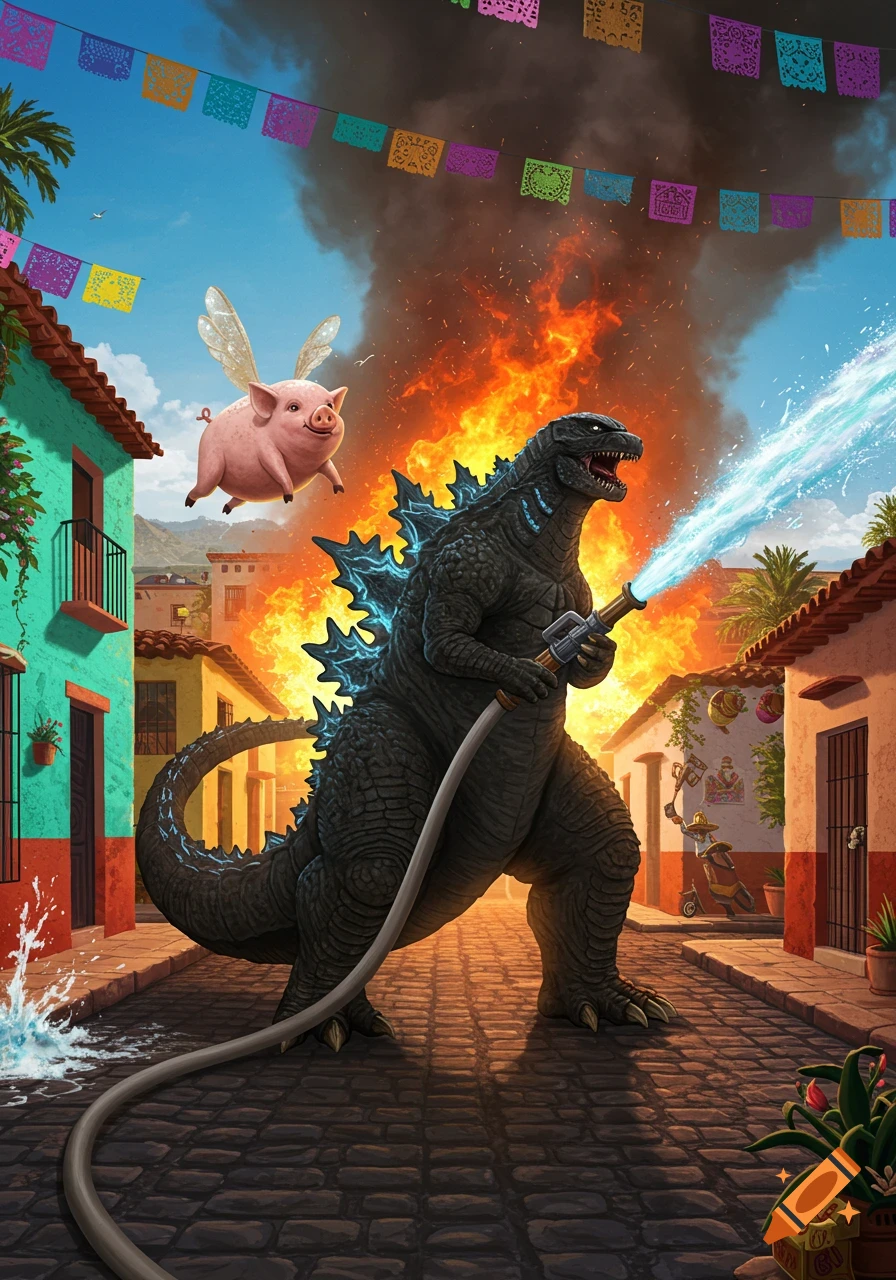 Godzilla sprays a house fire with a hose in a vibrant Mexican neighborhood, while a winged pig flies overhead.