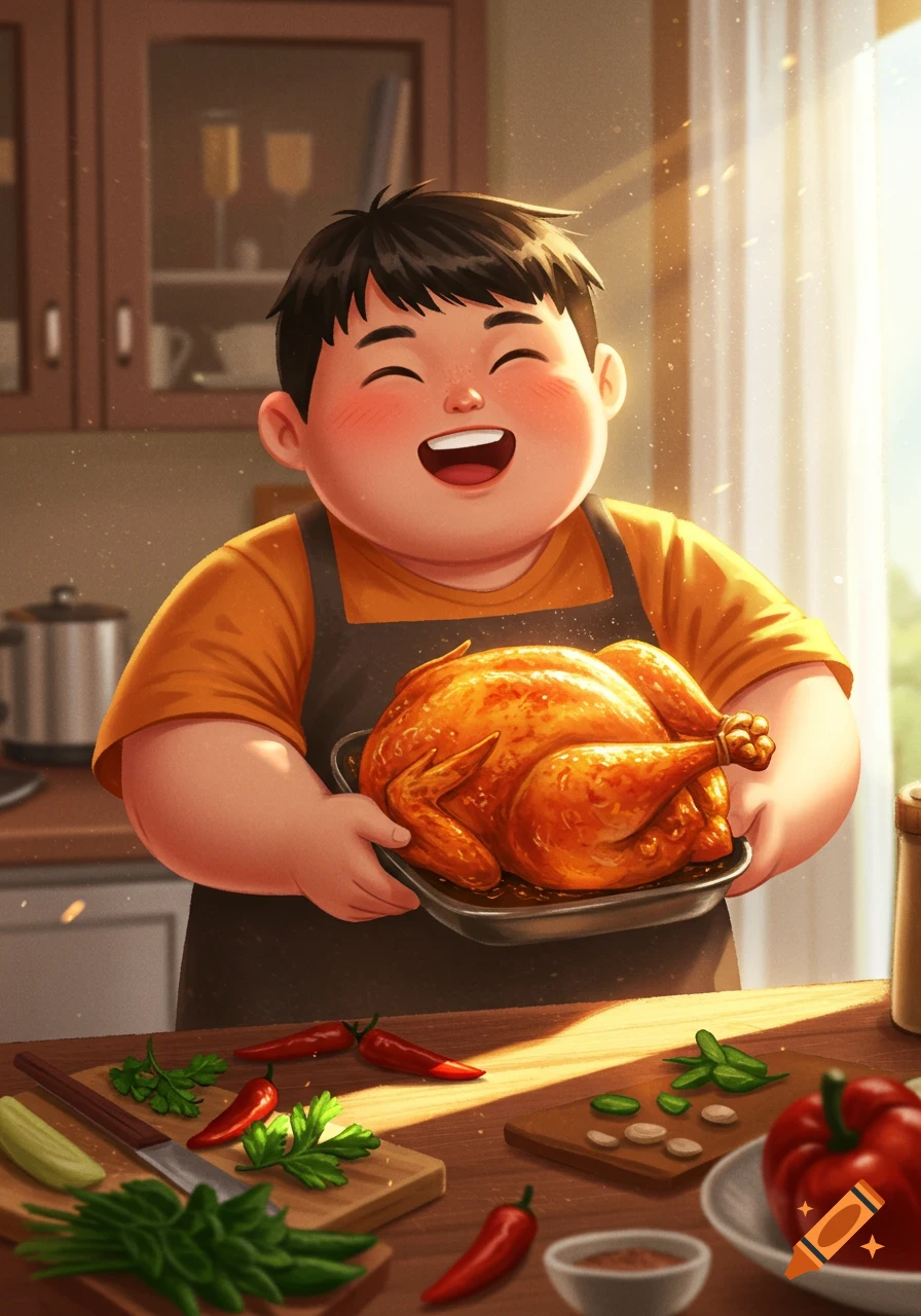 A happy, chubby person in an apron holds a roasted chicken in a sunlit kitchen, illustrated in a cheerful digital art style.