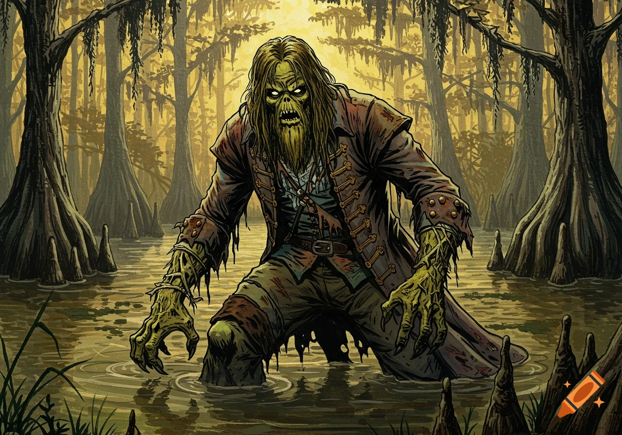 Menacing green-skinned swamp monster with long hair and beard, in torn colonial attire, standing in a murky swamp with cypress trees, comic art style.