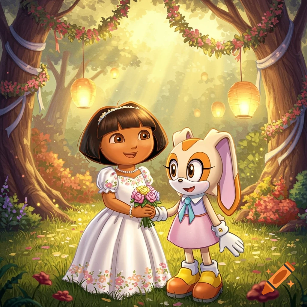 Dora the Explorer and Cream the Rabbit dressed in wedding attire stand holding hands in a sunlit, flowery forest.