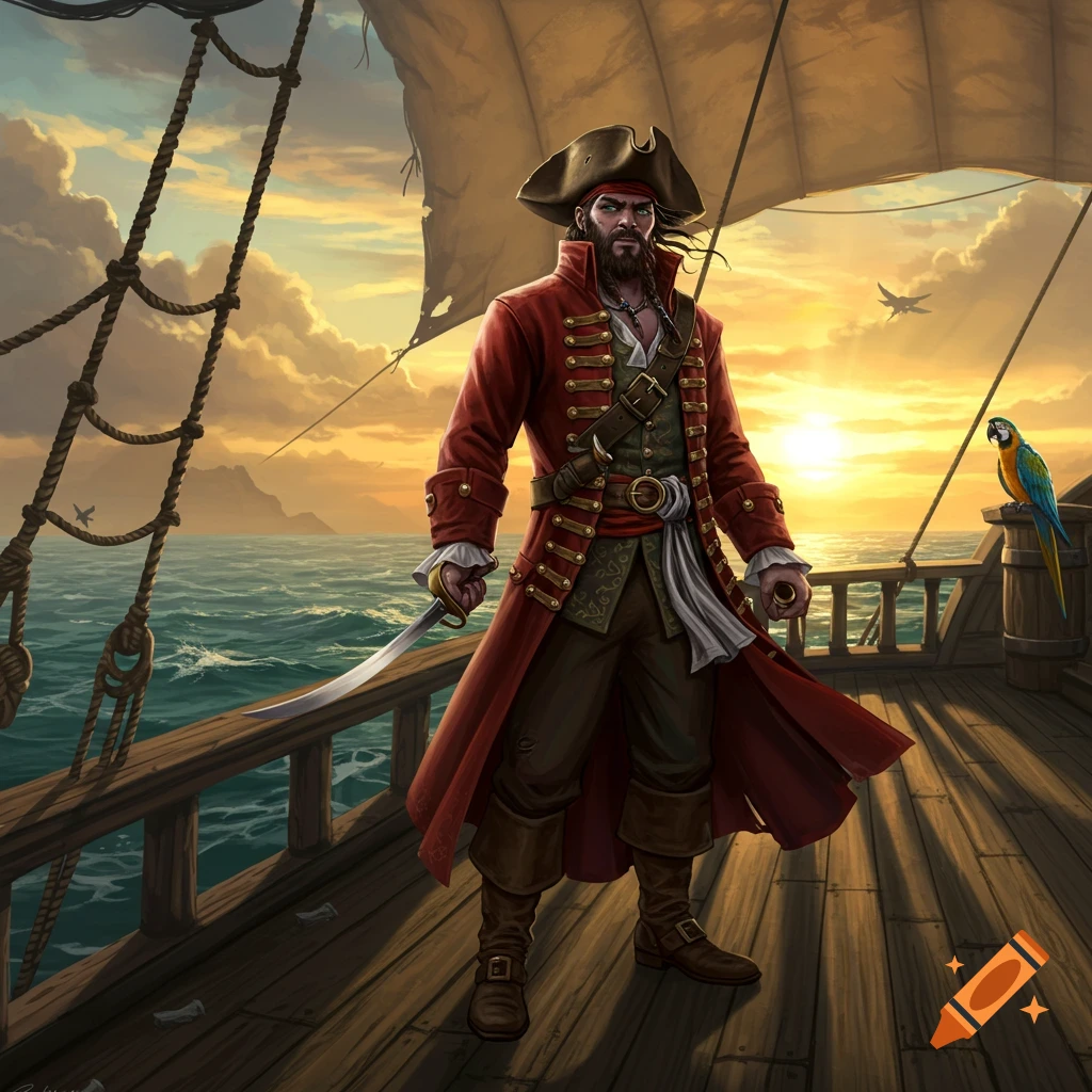 A bearded pirate in a red coat stands on a ship deck with a cutlass and a parrot at sunset.